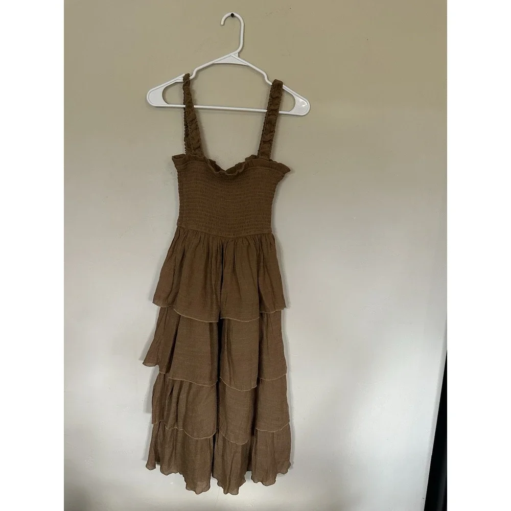 Women's Fashion‎ Nova Brown Ruffle Layered Square Neck Maxi Dress Sleeveless XS